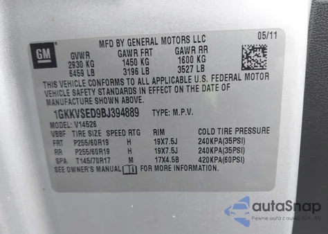 2011 GMC Acadia Slt-2 z USA, uszkodzony, nr VIN 1GKKVSED9BJ394889